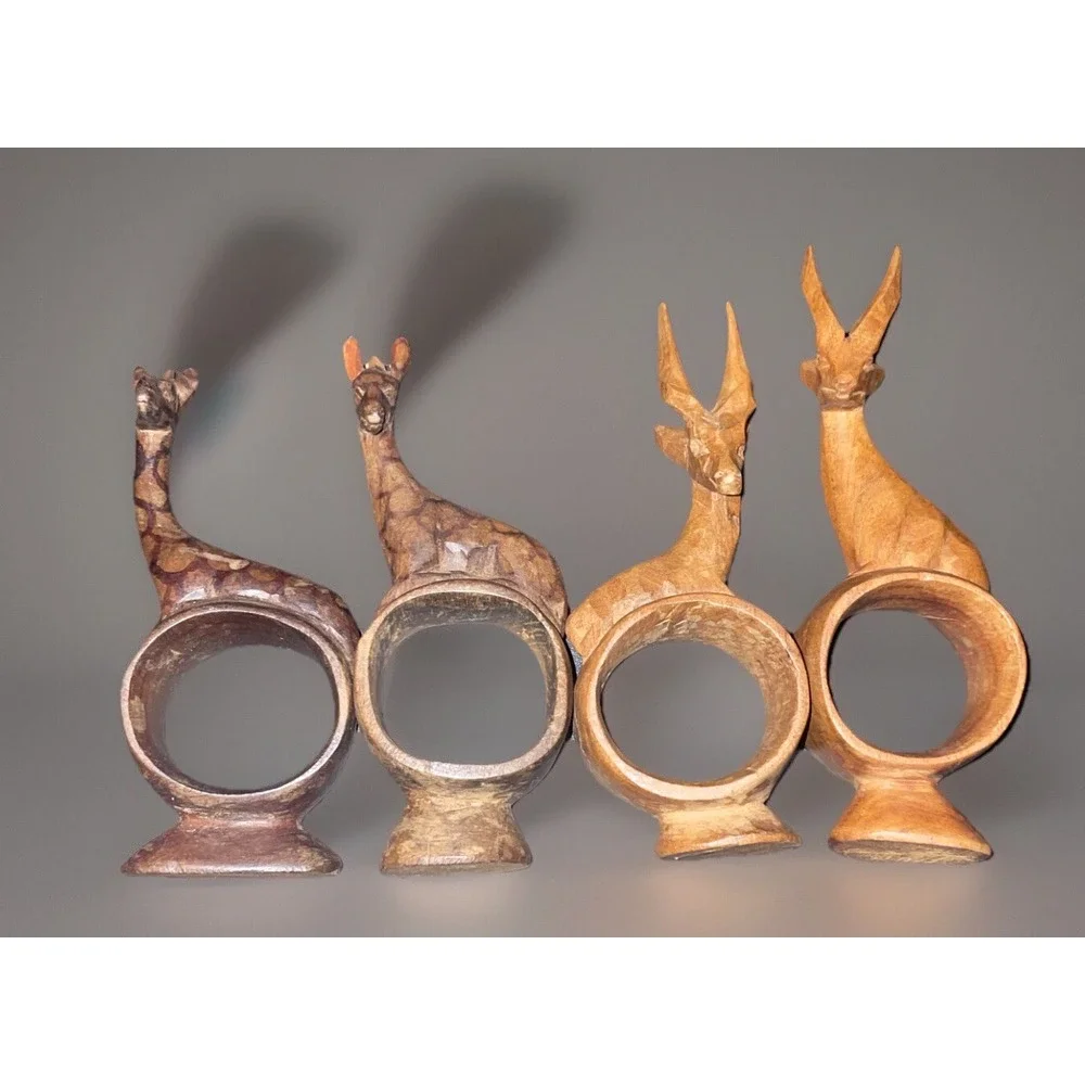 Hand Carved Wooden African Animal‎ Napkin Ring Holders Vintage Set Of 4 Animals